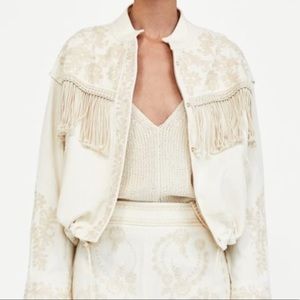 Zara Boho embroidered floral fringe western white denim jacket